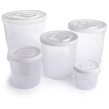Imagem de Conjunto de Potes Redondos com Tampa de Rosca, 5 Peças, Plástico Atóxico, Branco, Capacidades 500ml a 6L, Livre de BPA