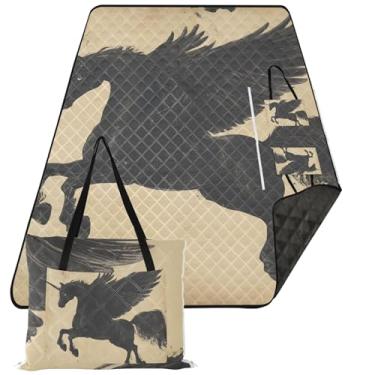 Imagem de TSENQUE Unicórnio Pegasus Horse Wings Cobertor de praia impermeável à prova de areia bonito cobertor de piquenique floral dobrável para grama 203 cm x 152 cm
