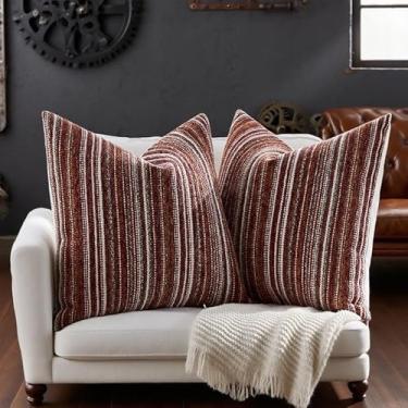 Imagem de Qupace Conjunto de 2 capas de almofada listradas de chenille 45,7 x 45,7 cm, fronhas quadradas espessas de tecido, capas decorativas para sofá, sala de estar, quarto, varanda, chão (Cáqui)