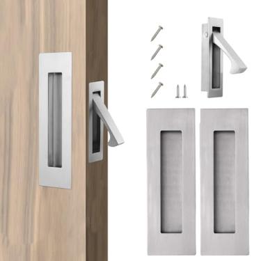 Imagem de Vancoho Conjunto de puxador de porta de bolso e puxador de borda, maçaneta de porta deslizante embutida de aço inoxidável puxador de porta de celeiro retangular (aço escovado, pacote com 3)