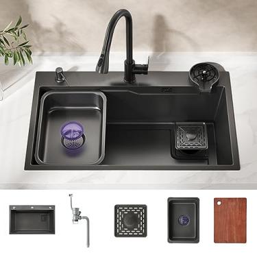 Imagem de Pia de cozinha, chuva voadora, cachoeira, aço inoxidável, embaixo da pia da cozinha, tigela única, adicione enxágue de vidro para pia pressurizada (75 cm/29,5 pol, pacote B)