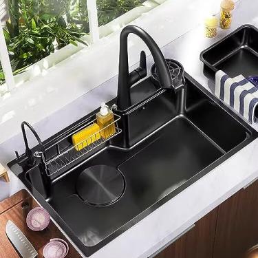 Imagem de Pia de cozinha em cascata, pia de cozinha de aço inoxidável de tigela única, pia de cozinha preta para estação de trabalho, com torneira de puxar, arruela de copo pressurizada (pacote C)
