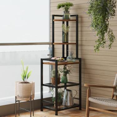 Imagem de Suporte de prateleira de canto, estante de canto de 5 camadas, organizador de prateleira de armazenamento alto com moldura de metal e prateleiras de madeira, suporte de plantas para decoração de casa