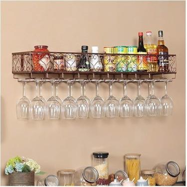 Imagem de Rack de vidro de vinho na parede de ferro forjado, rack de vinho montado na parede, rack de copo de vinho de bar restaurante, rack de taças de cabeça para baixo (marrom 30 * 25 cm)