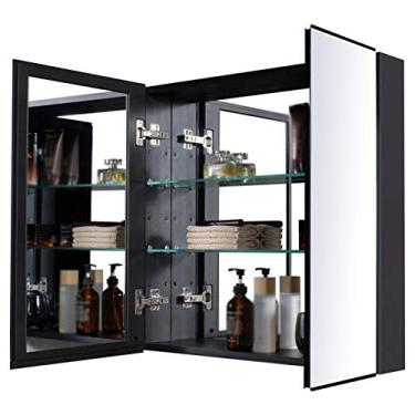 Imagem de Armário de espelho de banheiro, armário de remédios montado na parede, armário de armazenamento de alumínio espacial, espelho de dupla face, preto, para banheiro, cozinha, quarto. (marrom 65 x 70 cm)