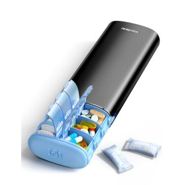 Imagem de VAYDEER Organizador de comprimidos AM/PM – Caixa de comprimidos de metal semanal com 14 compartimentos para viagem, à prova de umidade, para vitaminas, comprimidos e medicamentos (preto)