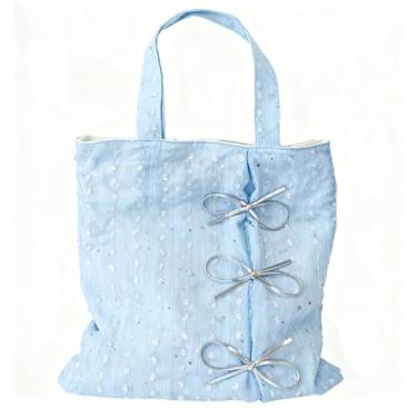 Imagem de Bolsa de ombro feminina de lona de grande capacidade com laço macio elegante bolsa diária, Azul