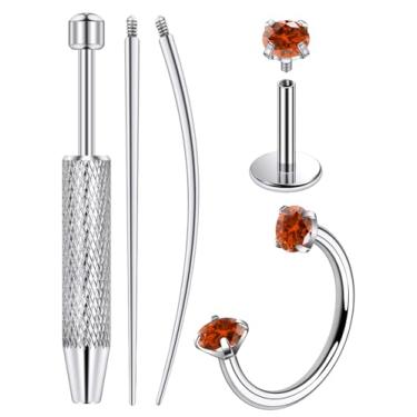 Imagem de Lcolyoli Anel de nariz de ferradura de titânio 20G e pino CZ roscado internamente para piercing de tragus/nariz/hélice/concha para mulheres e homens, inclui ferramenta de agarrar bola afunilada para