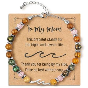 Imagem de ZHIBEIYOU Pulseira de onda para mãe, pulseira de amizade com contas de pedras preciosas de 6 mm, presentes de aniversário para amigas para mulheres, presentes de irmã amiga, presente de festival para