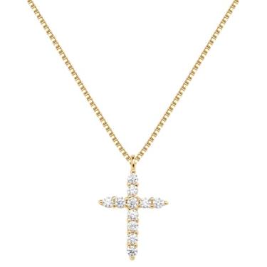 Imagem de Inerney Colar feminino com cruz delicada, banhado a ouro 14 K, pequeno, diamante lateral, pingente de cruz, simples, moderno, batismo, religiosa, fé cristã, joias presentes para Páscoa e Natal, Latão