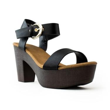 Imagem de RF ROOM OF FASHION Sandália feminina peep toe com tira no tornozelo, salto grosso, plataforma, PU preto - faixa única, 38