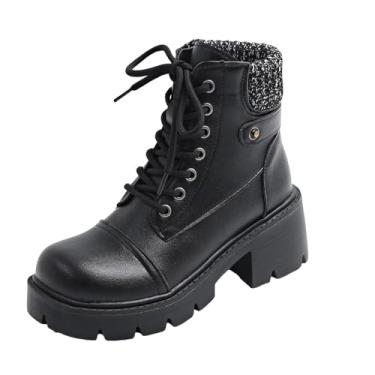 Imagem de Botas femininas modernas de bico quadrado com cadarço e fundo grosso, estilo outono inverno, Preto, 39