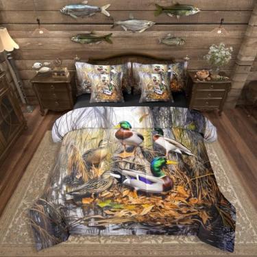 Imagem de Erosebridal Jogo de cama casal de pato selvagem, 7 peças, animais, caçador de pato, em uma bolsa com lençol com lençol rural, lago, floresta, para meninos, adolescentes e adultos, conjunto de cama