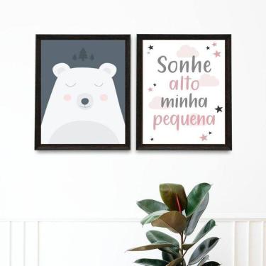 Imagem de Kit 2 Quadros Quarto Bebê Urso Rosa E Cinza 33X24Cm