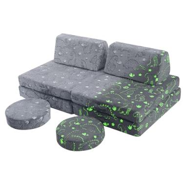 Imagem de MeMoreCool Sofá infantil modular para crianças de 1 a 3 anos, 8 peças, dinossauro que brilha no escuro, conjunto de brinquedo conversível para sala de jogos, forte de construção, sofá de escalada