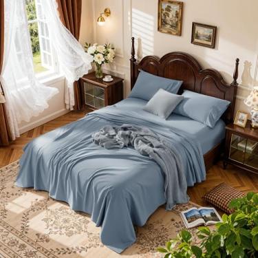 Imagem de LBRO2M Jogo de lençol 100% algodão com bolso profundo 48,3 cm, 1000 fios, tamanho casal, 4 peças, roupa de cama macia e confortável para todas as estações (casal, azul francês)