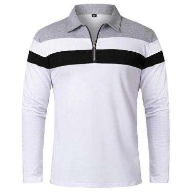 Imagem de Camisa Polo Masculina Slim Fit De Manga Longa Listrada Com Zíper 1/4 E