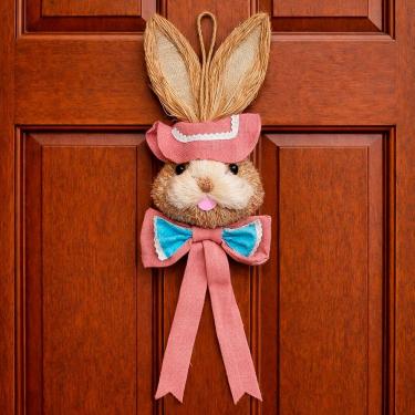 Imagem de Pendente Cabeça Coelho Com Laço Decoração Páscoa Palha 85cm