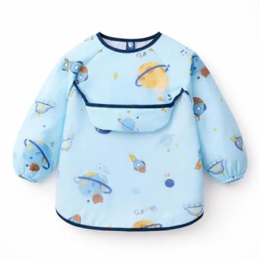Imagem de Babador Manga Longa de Proteção Dupla Impermeável com Cata Migalhas - Planetas Azul