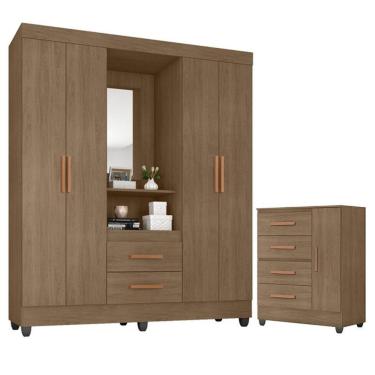 Imagem de Guarda Roupa Casal Capela E Cômoda 4 Gavetas 01 Porta Lite Carvalho Oak - Móveis Leão