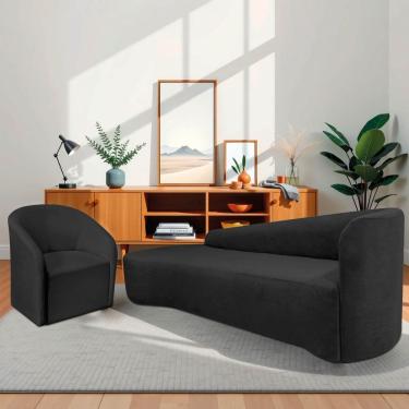Imagem de Kit Sofá Curvo França 200cm L.e E Poltrona Luiza Max Conforto, Elegância E Design Moderno Linho Preto