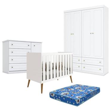Imagem de Quarto de Bebê Americano 4 Portas com Berço Americano Isis Branco Acetinado Reller e Colchão Ortobom - Henn