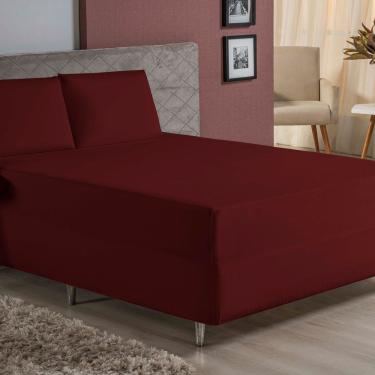 Imagem de Jogo De Cama Casal Nobre 3 Peças Luva De Box 55cm De Altura Malha 100% Algodão - Vinho