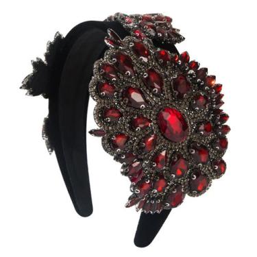 Imagem de Bandana vermelha barroca floral de cristal larga para mulheres - taiyu