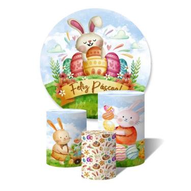 Imagem de Kit Painel Redondo e Trio de Capas de Cilindros Feliz Páscoa Coelho - 