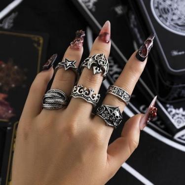 Imagem de Conjunto de 6 Anéis Góticos de Caveira e Estrela - Prata - Joias Punk 