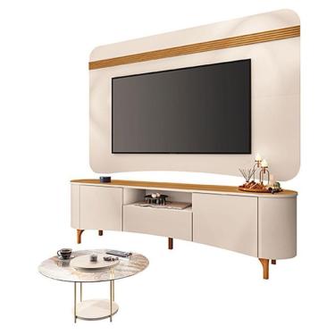 Imagem de Rack Bancada Elara E Painel Armony Off White Cinamomo Com Mesa De Centro Sky Com Tampo De Vidro Off White - Hb Móveis