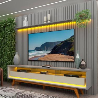Imagem de Rack com Painel para TV Até 85 Polegadas Nobre 3 Gavetas Ripado 100% Mdf com Led Cinza/Off White - Gelius