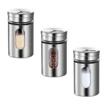 Imagem de Porta Tempero E Condimentos Vidro Inox Tampa Dosadora 3 Unid - MEGAGIF