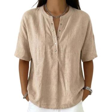 Imagem de Camisa feminina casual de linho e algodão com gola Henley - Hongfuda