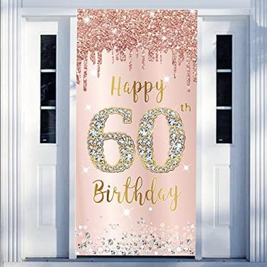 Imagem de Banner Decorações de Porta de Aniversário de 60 Anos para Mulheres, Ouro Rosa Rosa Feliz Aniversário de 60 Anos, Decoração de Sinalização