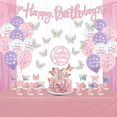 Imagem de Decorações de festa de aniversário de borboleta – Faixa de feliz aniversário de borboleta, balões de látex, adesivos de borboleta 3D, topo de bolo, cortinas de franjas e toalha de mesa para meninas, suprimentos de festa de jardim de primavera