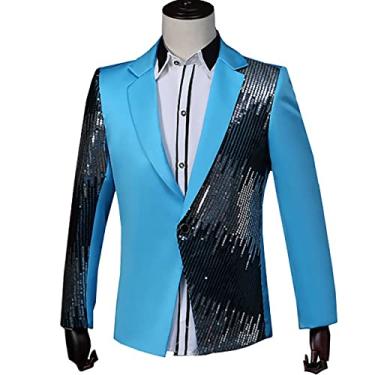 Imagem de Blazer de patchwork masculino lantejoulas slim fit terno de um botão jaqueta festa baile noite roupas cavalheiro terno formal para banquete, azul, GG (busto: 110 cm)