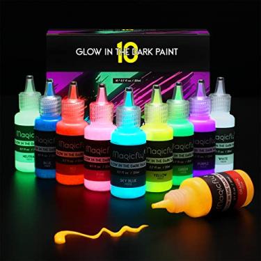 Imagem de Magicfly Tinta acrílica que brilha no escuro, 10 cores brilhantes, tinta luminosa líquida, tintas neon que brilham no escuro para pintura, decoração de Halloween, artesanato DIY, 20 ml cada