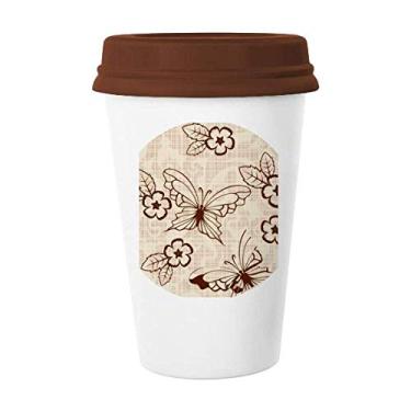 Imagem de Caneca vintage simples, marrom, borboleta, com flores, copo de cerâmica, copo de café