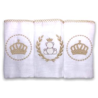 Imagem de Kit 3 Fraldas De Pano para Bebê Bordada Coroa Dourada (Coroa e Ursinho)