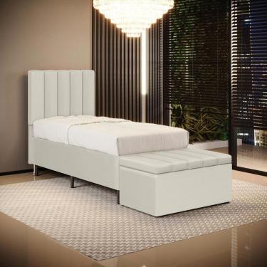 Imagem de Cabeceira Nashira e Calçadeira Baú Navi 90 para Cama de Solteiro A-017 Couro Bege Aradecor