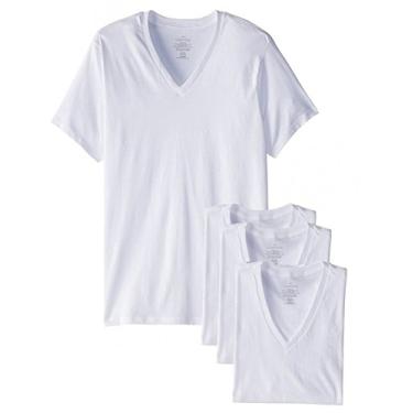 Imagem de Calvin Klein Pacote com 4 camisetas masculinas, manga curta, gola V, branca, pequena, Branco, pacote com 4, P