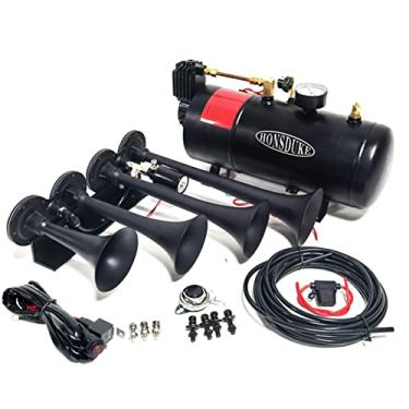 Imagem de HONSDUKE Kit de buzina de trem de 3 litros para caminhões/carros/semi. Sistema integrado completo de compressor de ar de 150psi, tanque de 1 galão, 4 trompetas. Super alto dB. Serve para todos os