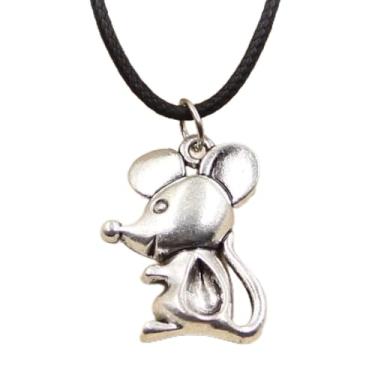 Imagem de EDCRFV Colar pingente de rato de prata tibetana com cordão de couro preto feito à mão