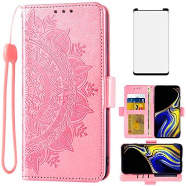 Imagem de Asuwish Capa carteira compatível com Samsung Galaxy Note 9 de vidro temperado, porta-cartões, alça de pulso, capa de celular para Galaxies Note9 Gaxaly Glaxay Not S9 ouro rosa
