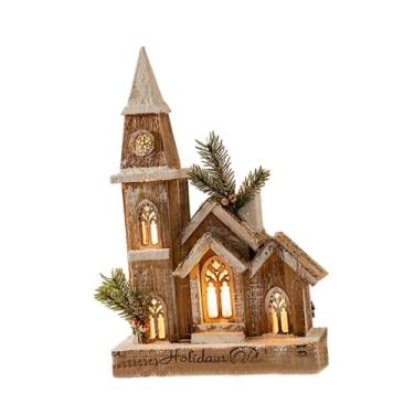 Imagem de Kokiya Miniatura de igreja de Natal em madeira com luz 17,3 x 10 polegadas para mesa