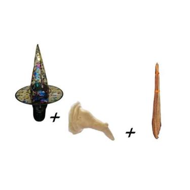 Imagem de Kit Fantasia Bruxa Nariz realista c/ cola + Chapéu +Vassoura - Lynx