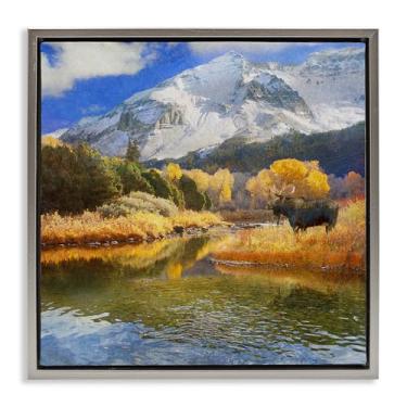 Imagem de Stupell Industries Arte de parede em tela flutuante emoldurada Moose on Dolores River por Chris Vest, moldura flutuante cinza, 45 x 45 cm