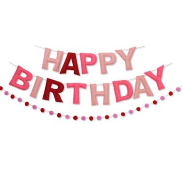 Imagem de Faixa vermelha de feliz aniversário decorações de aniversário guirlanda de bola de feltro pré-amarrada sinal de feliz aniversário para decorações de festa de aniversário para mulheres e meninas