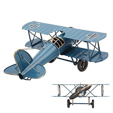 Imagem de Decoração de avião vintage Vomeko, modelo de avião retrô, modelo de biplano de avião de ferro metálico Ornamento de artesanato de avião pendurado retrô para ornamento de café para (Azul)